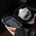 Portable ceramic travel tea set with gaiwan and zipper case for outdoor camping and daily use. - Auspicious Dragon Fish Quick Tea Set - 1 Pot 1 Cup