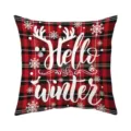 Close-up detail of the red and black buffalo plaid Christmas pillow cover with Hello Winter text. - Style A (Single-Sided Print) / 45x45cm