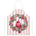 Pink striped Christmas apron with red cardinal bird and holly wreath for kitchen cooking - Style I