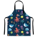 Delantal de cocina con estampado de animales marinos de dibujos animados y dos bolsillos. - Talla única para adulto (bolsillos dobles + hebilla ajustable) / Letra B