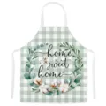 Green white buffalo plaid kitchen apron with watercolor eucalyptus and cotton wreath design. - Light Green Plaid Wreath