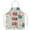 Linen flamingo print kitchen apron with tropical leaf design, stylish cooking bib for women. - YOU