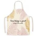 Linen kitchen apron with tropical palm leaf pattern and text print for cooking and home cleaning. - Narrow Leaves