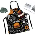 Cartoon fast food pattern kitchen apron, cotton linen material, adjustable neck strap. - Fast Food Graffiti (W337606)
