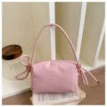 Pink woven shoulder crossbody bag, stylish mini camera handbag with top handle and chic knot details. - Pink