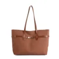 Stylish retro large capacity canvas shoulder tote bag with brown leather trim and metal clasp. - Brown