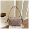 Chic woven leather shoulder bag, stylish crossbody camera bag with top handle for women. - Khaki