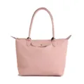 Pink canvas tote bag for women, stylish shoulder handbag with leather handle and flap snap. - Pink