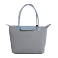 Grey canvas tote bag with blue leather handles, stylish casual commuter handbag for women. - Blue