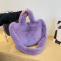 Purple fluffy plush tote bag, stylish faux fur crossbody handbag for women daily casual wear. - Purple