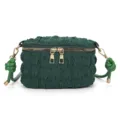 Dark green crinkled mini crossbody bag with top zipper and stylish knotted shoulder straps. - Green