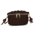 Dark brown ruched crossbody bag, stylish mini cloud vanity bag with gold zippers and knots. - Coffee