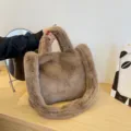 Brown fluffy handbag, stylish plush shoulder bag for women, cozy winter casual tote bag. - Tan