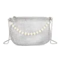 Zilveren strass avond schoudertas handtas met elegante parelketting voor dames - Zilver