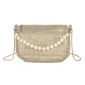 Gouden strass mesh schoudertas met parelhandvat en ketting voor dames avondfeest - Goud