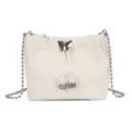 White bucket bag with metal chain strap and cute butterfly decor, stylish shoulder crossbody. - White