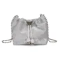 Stylish silver metallic drawstring bucket bag featuring butterfly clasp and chain strap. - Silver