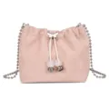 Pink bucket bag with butterfly drawstring, transparent beads and metal chain strap. - Pink