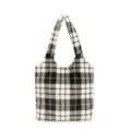 Classic black and white plaid fluffy tote bag, soft faux fur shoulder bag for women. - White