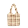 Fluffy plaid tote bag for women, soft furry shoulder bag, vintage casual commuter handbag. - Khaki