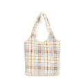 Fluffy plaid tote bag for women, vintage casual plush shoulder bag with brown pattern. - Light Blue
