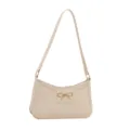 Beige underarm shoulder bag with metallic bow detail, elegant minimalist daily handbag. - White