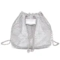 Silver rhinestone bucket bag with sparkling crystals and elegant chain strap for women. - Silver