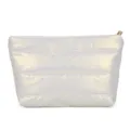 Shiny quilted cosmetic bag for women, stylish minimalist clutch pouch with zipper closure. - White
