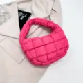Hot pink quilted cloud bag, stylish down-like puffy underarm handbag, chic mini tote purse. - Rose Red