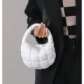 White quilted puffer cloud handbag, stylish mini puffer underarm bag for women. - White