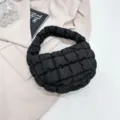 Black quilted puffer cloud bag, mini pleated handbag, stylish underarm shoulder bag. - Black