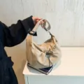 Casual nylon hobo shoulder bag for women, trendy pleated drawstring design daily use. - 24.5*33*11.5cm / Khaki