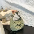 Green nylon shoulder bag with pleated drawstring design, casual style for daily use - 24.5*33*11.5cm / Green
