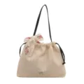 Women straw shoulder bag casual woven tote bag with floral ribbon and cute bow charm - Black