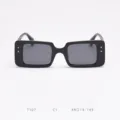 Square frame sunglasses detail, classic black thick rim with metal rivet accents on sides. - Glossy Black Gray Lens