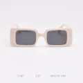Close-up detail of trendy pink square sunglasses with dark polarized lenses and specs 48-19. - White Frame Grey Lens