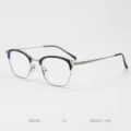 Detailed view of stylish half-rim optical glasses frame with sleek metal temples. - Silver Black C2