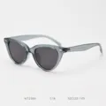 Detailed view of translucent grey cat-eye sunglasses frame, showcasing temple details. - Haze Blue with Gray Lenses C16