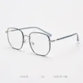 Metal polygon optical eyeglass frame, lightweight big frame glasses for daily wear. - Silver Frame with Blue Temples C2