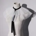 Elegant white tiered tulle ruffled collar necklace with a long black velvet ribbon tie - White Style (WB-J002WHITE)