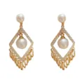 Elegantes pendientes colgantes geométricos dorados con perlas blanches y cristales - Estilo Perla Diamante Borla / Dorado