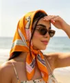 70cm thin orange silk scarf with horse and stripe print worn as a headscarf - 70x70cm / Orange Pony