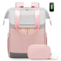 Rosa und grauer Laptop Rucksack Detailansicht mit USB Ladeanschluss - Neues Farbblock 2-teiliges Set (inkl. Kosmetiktasche) / Hellgrau und Rosa