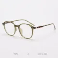 Close-up detail view of stylish TR90 optical glasses frame with tortoise-like temple design. - Olive Green C6