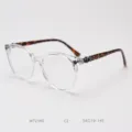 Close-up detail of clear frame optical glasses with tortoiseshell temples and metal hinges. - Transparent White Tortoise Temple C2