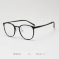 Korean retro round plastic-steel myopia glasses frame detail, black unisex flat light frame. - Bright Black