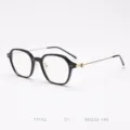 Detailed view of black polygonal eyeglass frames with slim metal temples and clear demo lenses. - Glossy Black C1