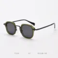 Retro square sunglasses detail shot featuring olive green frames and black metal temples. - Matte Black / Sand Green C3