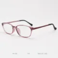 Detail view of the lightweight TR90 optical glasses frame in trendy pink and black. - Transparent Purple