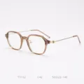 Detailed view of the stylish brown geometric TR90 optical glasses frame with slim metal temples. - Brown Amber C42